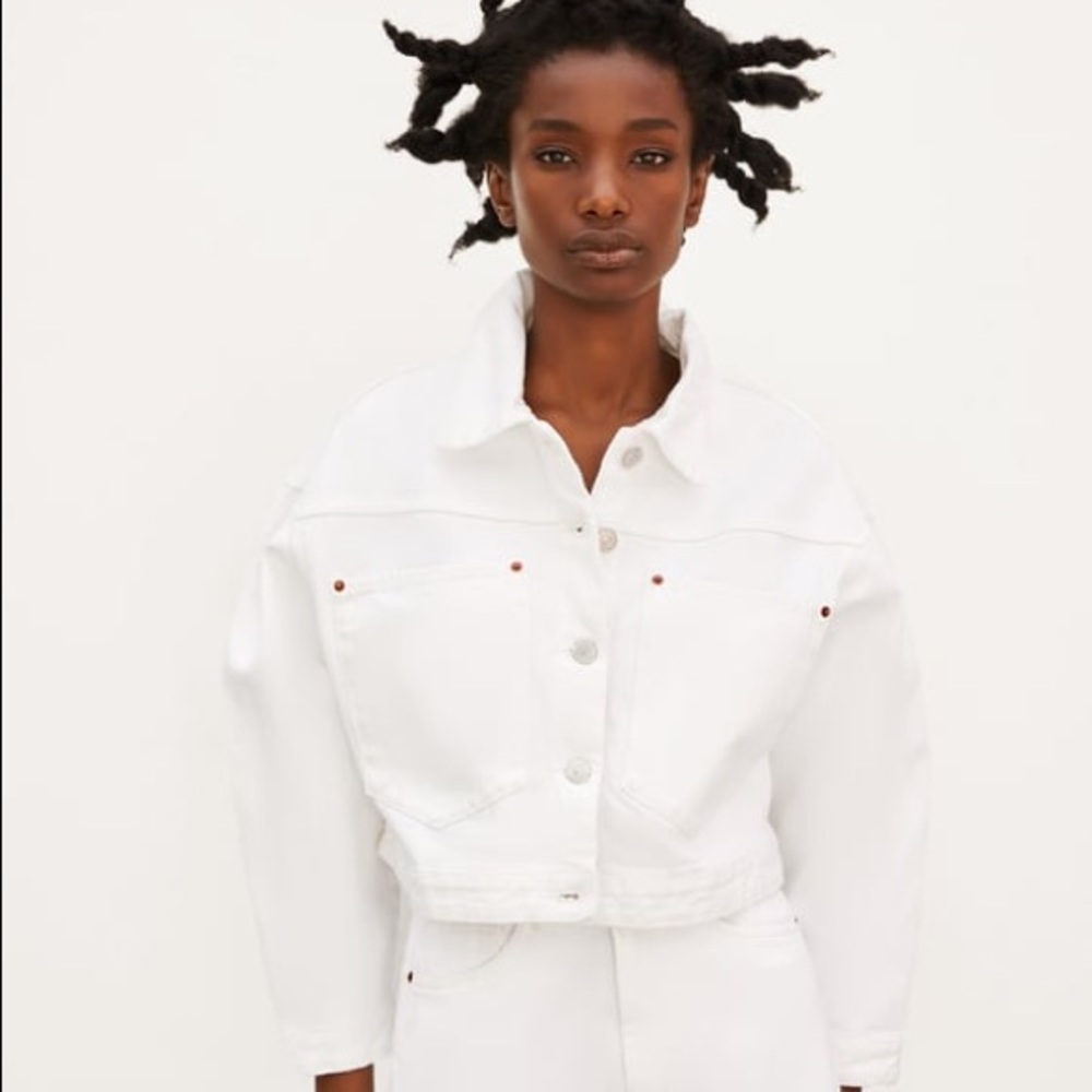 Zara White Cropped Denim Jacket